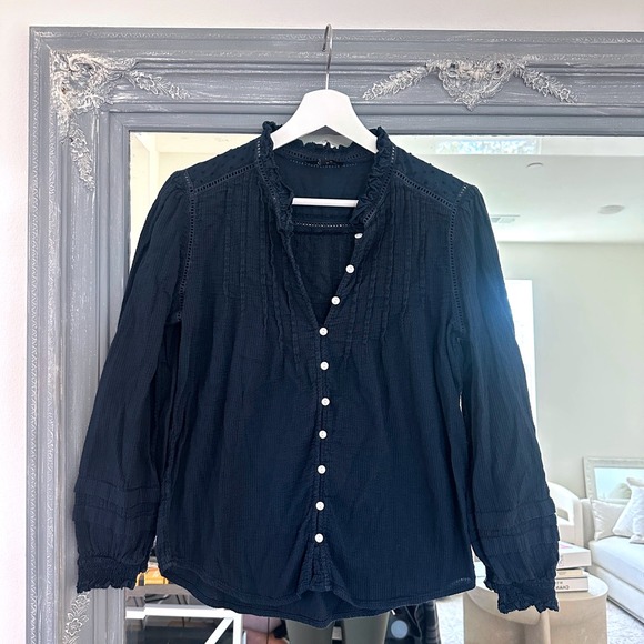 Quince Organic Textured Cotton Peasant Blouse Ruffle Neck Pintuck Long Sleeve S - Picture 7 of 12